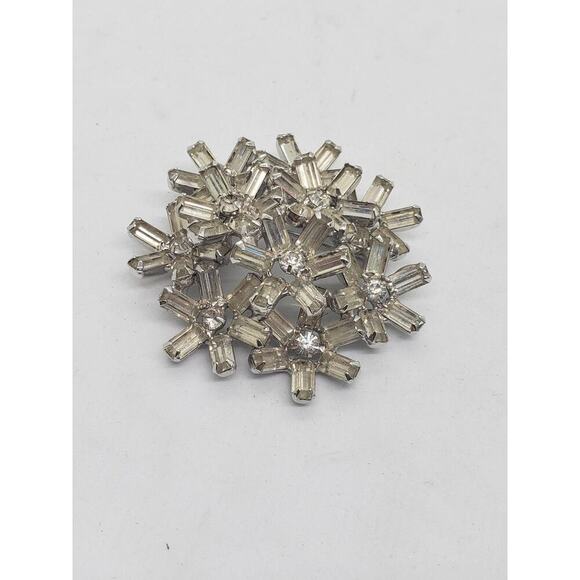 Vintage Castlecliff Rhinestone Starburst Brooch Pin Clear Baguette Silver Tone